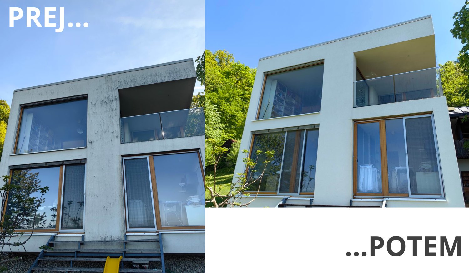 Fasada enodružinske hiše pred čiščenjem, siva in zamazana, ter po čiščenju, spet svetla