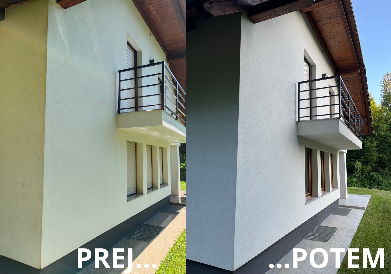 Bela fasada z balkonom pred in po čiščenju