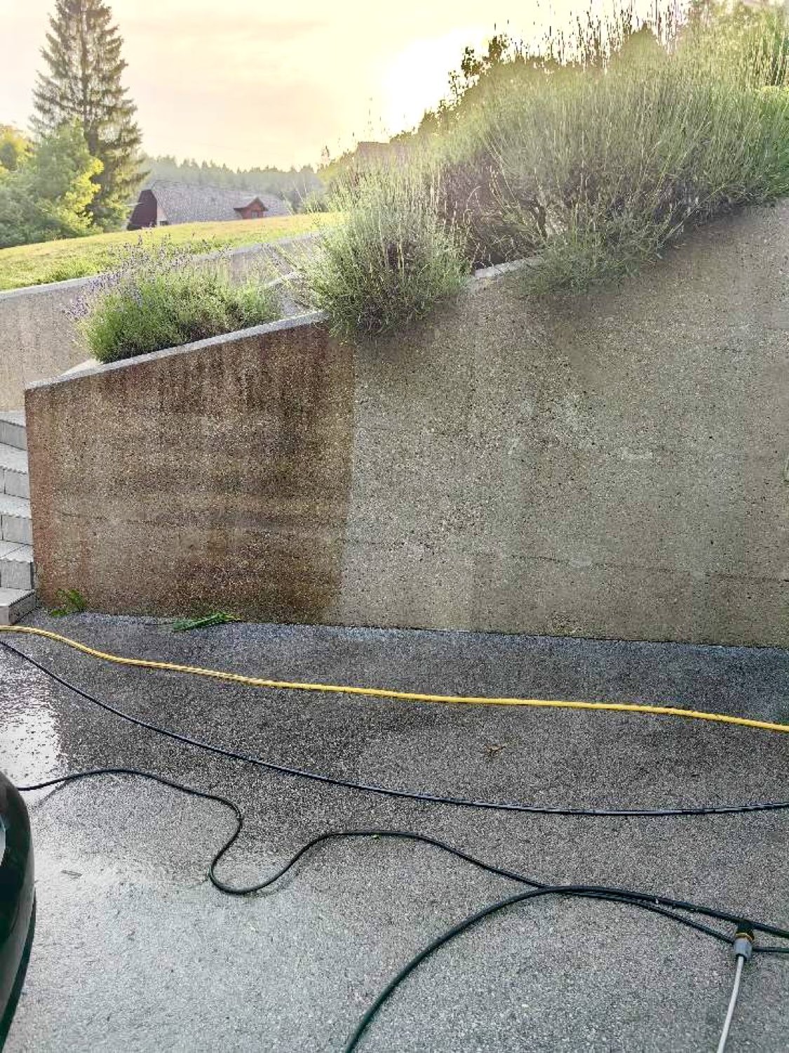 Betonski oporni zid, na desni strani že očiščen